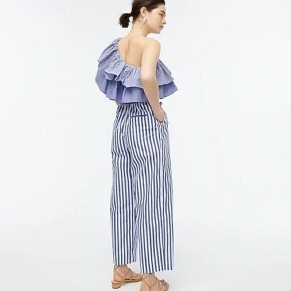 J. Crew One-shoulder Ruffle Jumpsuit in Blue & White Mixed Stripe 0 - Picture 3 of 7